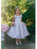 Cap Sleeves Oyster Satin Tulle Sweet Flower Girl Dress With 3D Flowers